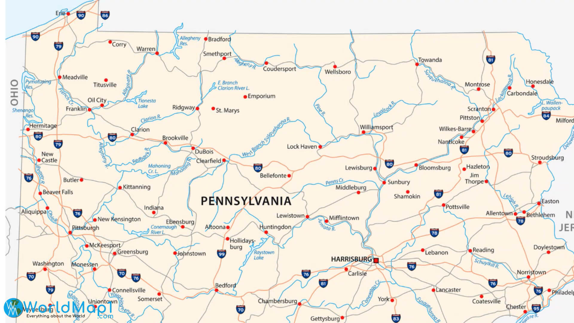 Pennsylvania Lakes and Rivers Map